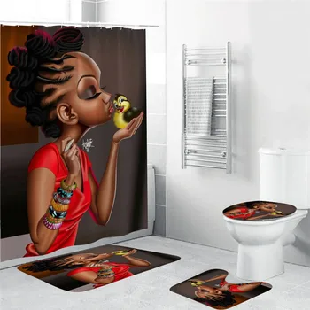 

African American Women Shower Curtain Bath Rug Set Toilet Cover Bath Mat Set Bathroom Accessories Curtains With Hooks