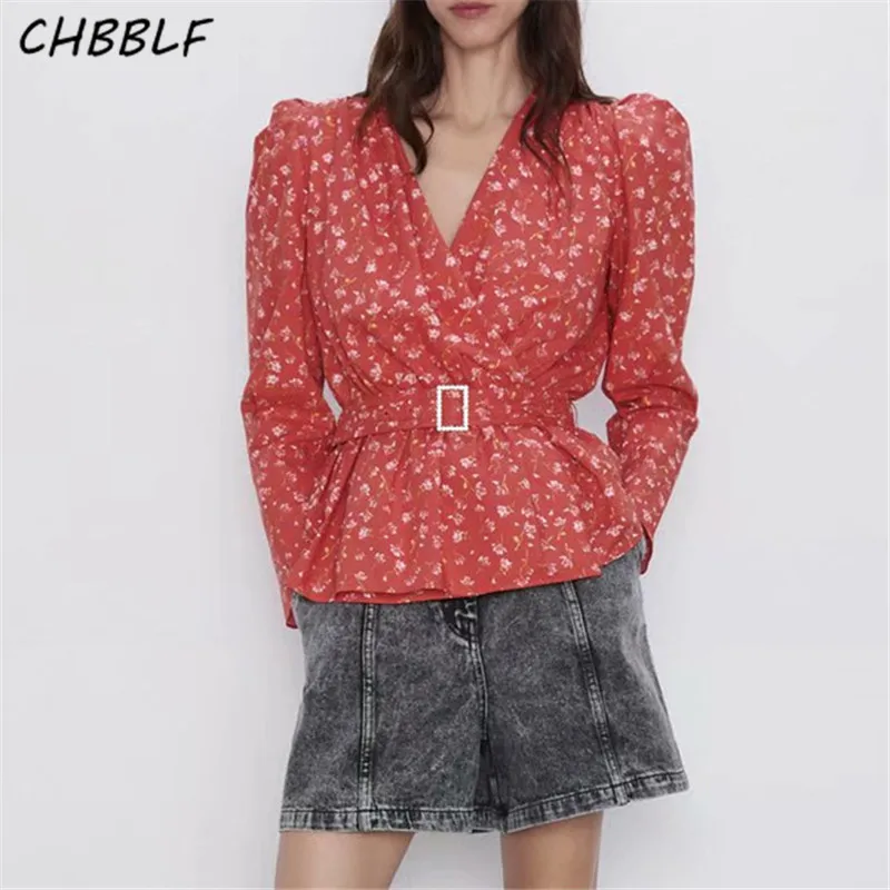 

CHBBLF women chic print V neck blouse cross design bow tie belt elastic waist long sleeve pleated shirt elegant top blusas XDN8981
