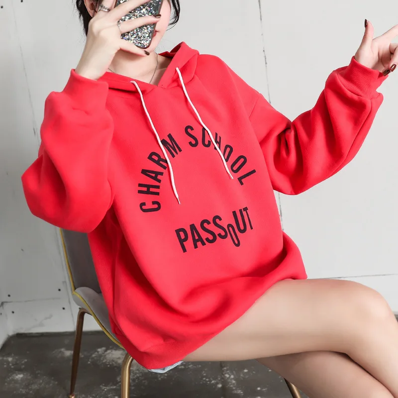 

Semfri Hoodies Women Plus Velvet Thick Loose Sweatshirt Autumn Winter New Kpop Clothes Fashion Letter Printed Korean Hoodie