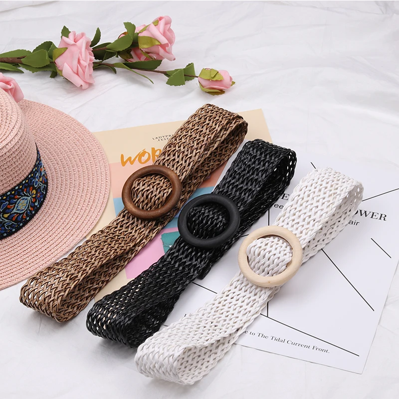 

Woman Braided Belts For Women Round Wooden Buckle Designer Waist Strap Female Black White Boho Punk Dress Jeans Plastic Belt