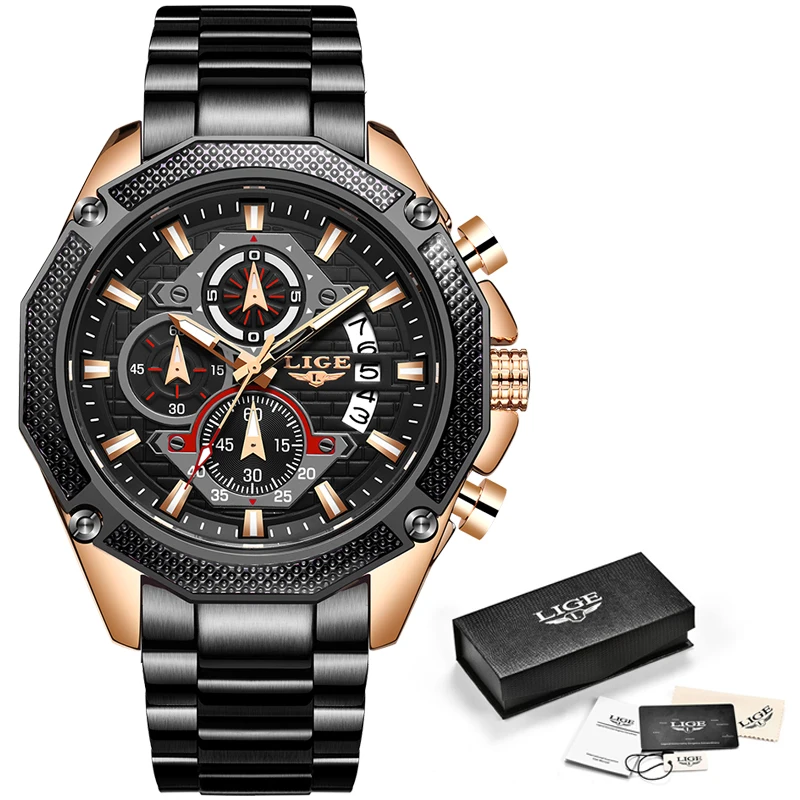 New LIGE Fashion Brand Mens Watches Full Steel Business Quartz Clock Military Sports Waterproof Watch Men Relogio Masculino