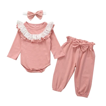 

3pcs Set Newborn Baby Solid Fashion Girl Lace Floral Romper Tops Pants Headband Outfit Clothes 0-24 Months