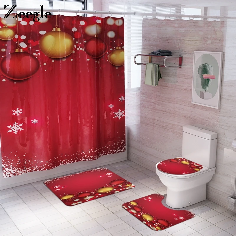Zeegle Christmas Bath Mat Set and Shower Curtain Absorbent Toilet Pedestal Rug Washable Toile Seat Cover Mat Bathroom Carpets