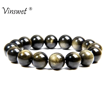 

Beads Bracelets Natural Stone Gold Obsidian Beaded Stretch Bracelets For Man Woman Round Classic Bracelets&Bangle Lucky Jewelry