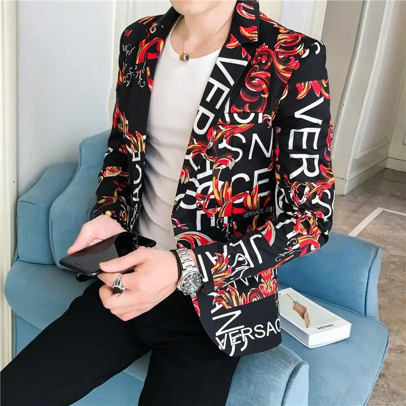 

Unique designs Stage Costume Tuxedos Blazer Men Slim fit Letter Floral print Suit Mens Blazer Jacket White Black
