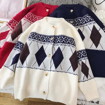 

Korean Women Sweater Cardigan Autumn Winter O-neck Single Breasted Long Sleeve Knitwear Girls Argyle Knit Red Blue Cardigan