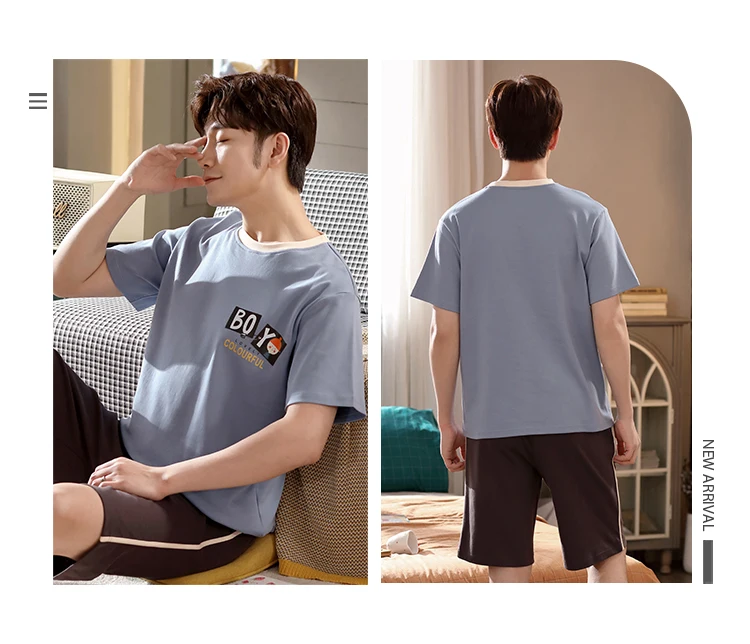 Loose Leisure Elastic Waist Male Sleepwear Cotton Man's Short Sleeve Cartoon Short Sleeved Top+Shorts Summer Men's Pajamas Set best silk pajamas