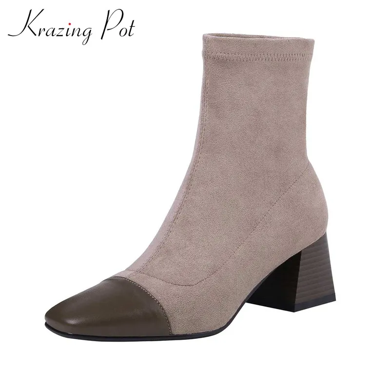 

krazing pot mixed colors square toe flock stretch boots daily wear high heels winter keep warm women fashion ankle boots L10