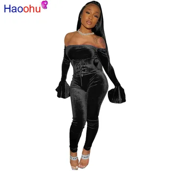 

New Winter Women Sets Slash Neck Full Flare Sleeve Bandage Tops Pants Suit Two Piece Set Sexy Tracksuits Velvet Outfits