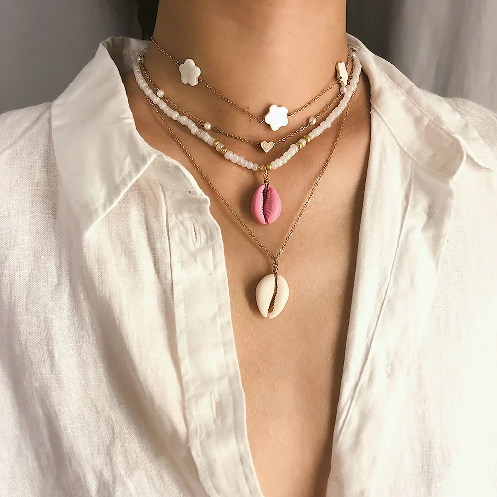 Fashion Multi-layer Bead Necklaces For Women Shell Pendant Heart Shaped Star Chain Necklace Jewelry Accessories