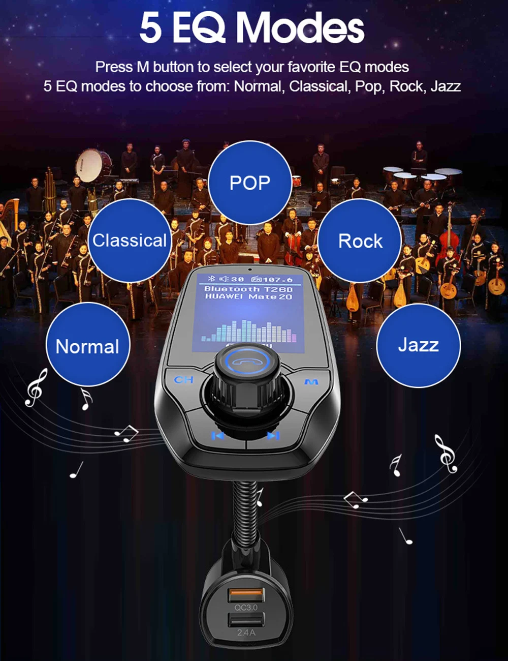T26D Автомобильный MP3 Bluetooth fm-передатчик с двойным USB QC3.0 порт быстрой зарядки музыкальный плейер в машине Поддержка USB TF карта AUX вход