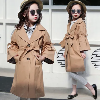 

Windbreaker for Girls Spring Autumn Children's Fashion Single Breasted Bow Waistband Jackets Kids Outwear Long Coat Clothes