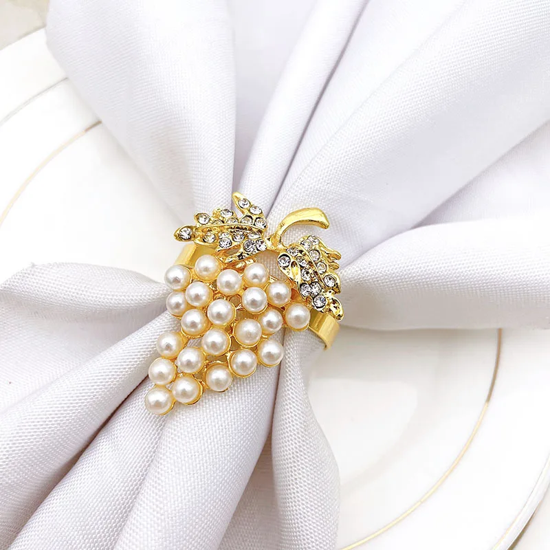 

Pearl and Grape Napkin Ring with Metal Button, Cloth Napkin Ring, Table Desktop Decoration, Hot Selling, 10 PCs/Lot