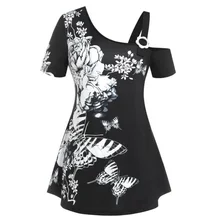 Sexy Women Skew Collar Short Sleeve Plus Size Tops Butterfly Floral Printed Off shoulder Strap T Shirt Summer Famale Blouse