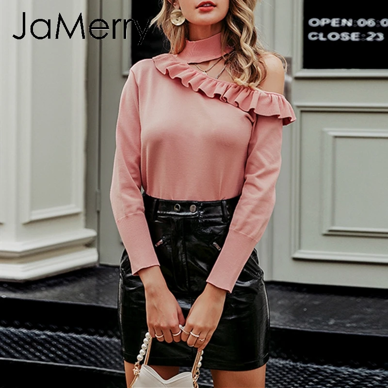 

JaMerry Vintage sexy halter knitted sweater women jumper winter Hollow out ruffled sweater Long sleeve female jumper pull femme