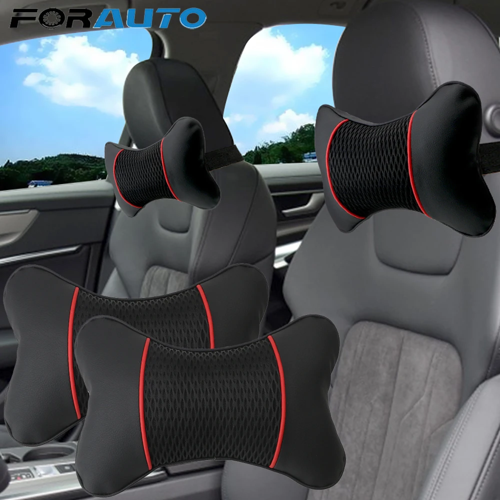 2pcs Pu Leather Knitted Car Pillows Headrest Neck Rest Cushion Support Seat Accessories Auto