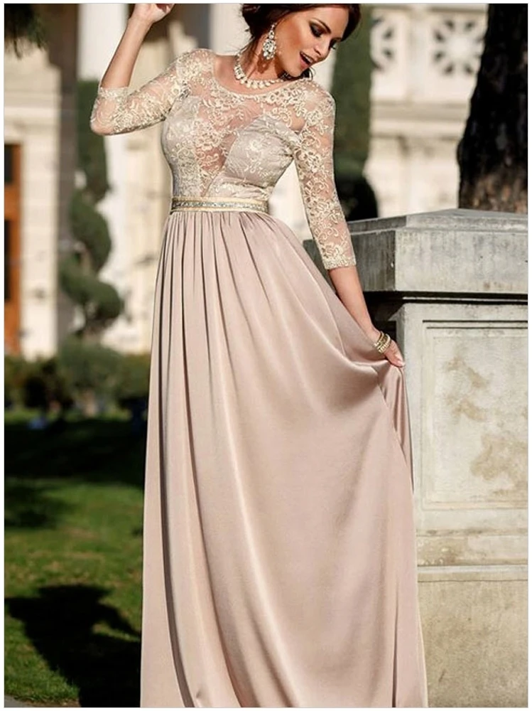 Vestido de festa, винтажное кружевное платье нового дизайна с рукавом три четверти, длинное платье для выпускного вечера, вечерние платья для матери невесты с поясом и бисером