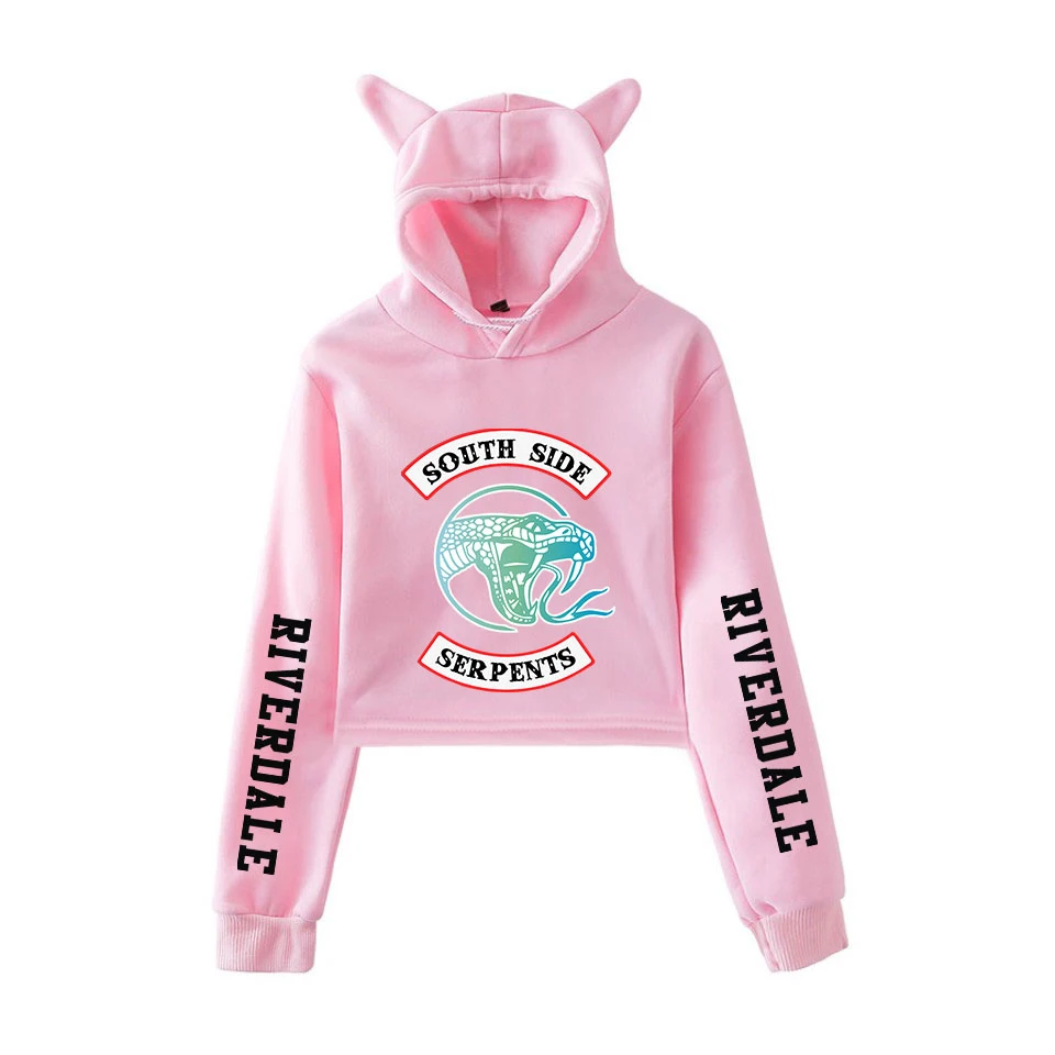 Модные осенние толстовки с изображением ривердейла для женщин Kawaii Pop Crop Top, худи с кошачьими ушами, толстовка с капюшоном для женщин и девочек, повседневные Черные Пуловеры