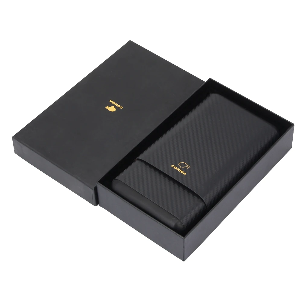 COHIBA Портативный чехол для сигар из углеродного волокна, дорожная коробка для хьюмидора, уличные хьюмидоры для сигар из кедрового дерева для 4 кубинских сигар W/Подарочная коробка