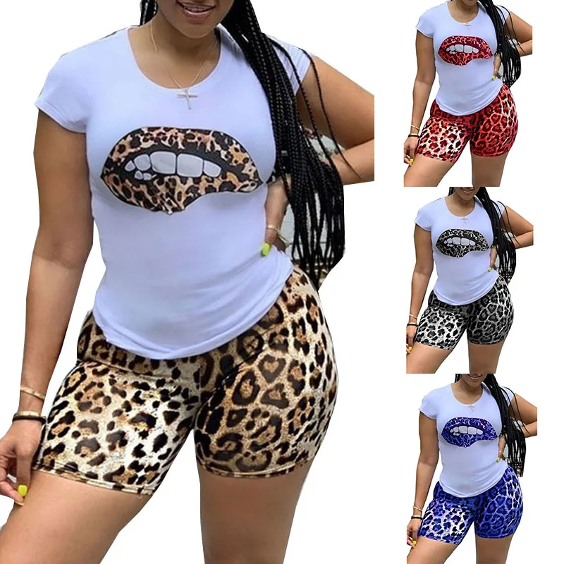 

Fitness Biker Shorts Set Lounge Set Tracksuit Women Summer Clothes Two Piece Set Cartoon Leopard Print Crop Top Jogging 2020