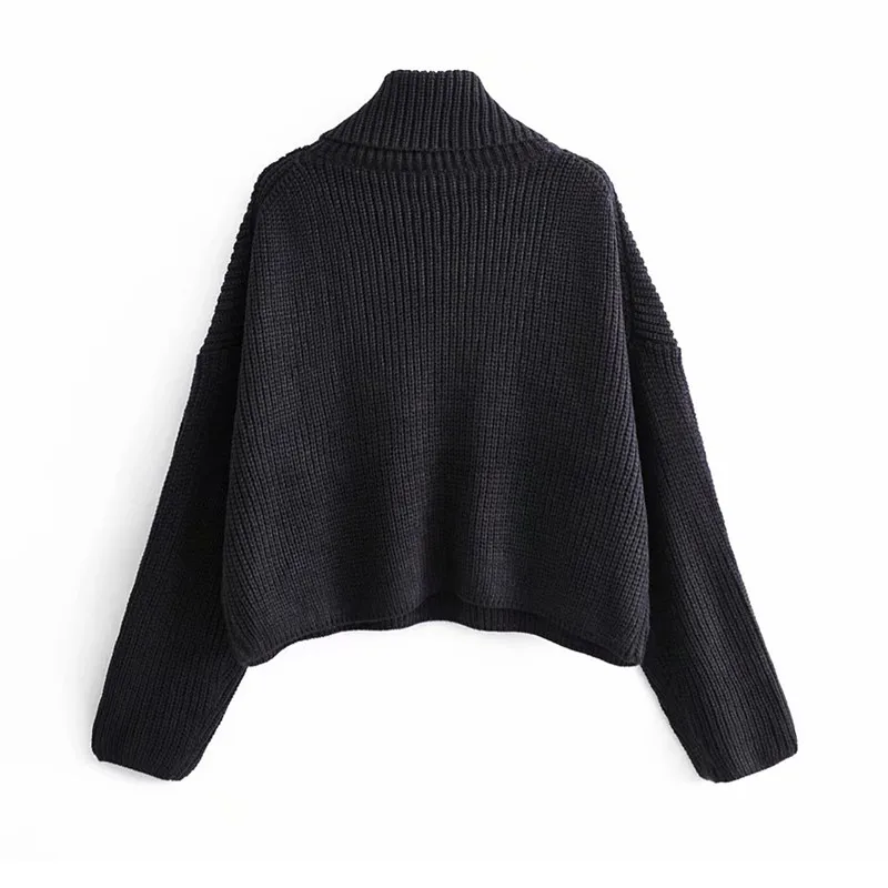 Women vintage turtleneck collar pockets patch sweater ladies basic casual loose knitted pullovers autumn chic tops