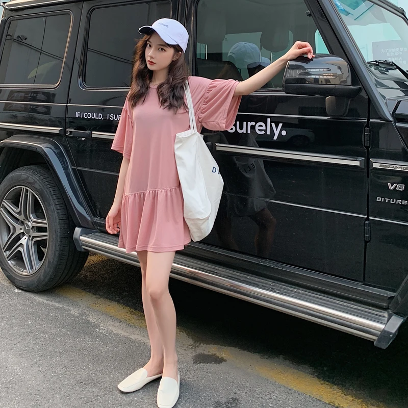 INS style летняя Женская Корейская офисная рубашка освежающее розовое мини-платье с короткими рукавами