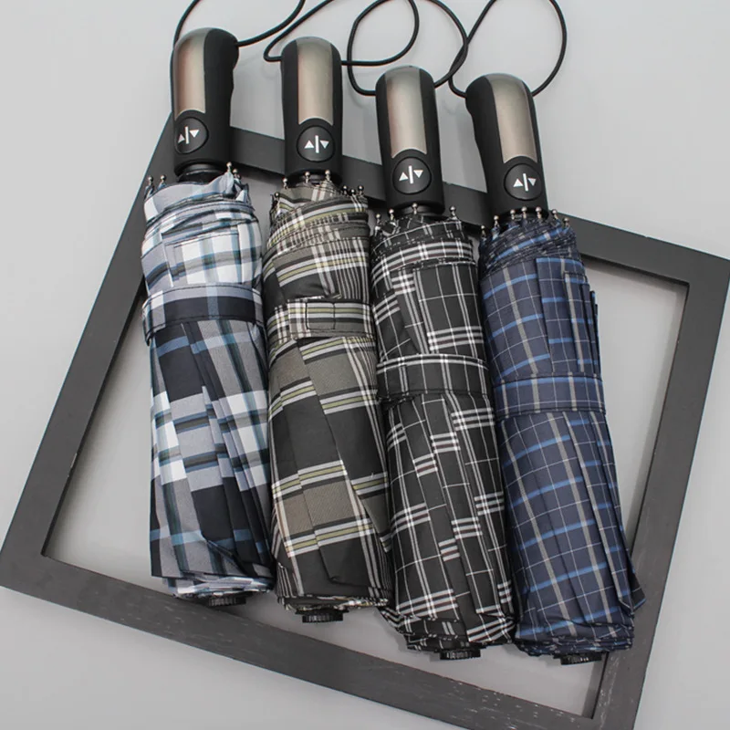 

Plaid Umbrella Three Folding Double Extra-large Ten Bone Big Umbrella Fully Automatic Business Commissary