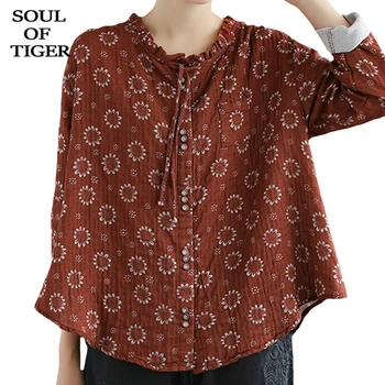 

SOUL OF TIGER 2020 Autumn Chinese Designer Clothes Ladies Floral Tops Womens Vintage Printed Shirts Female Linen Casual Blouses