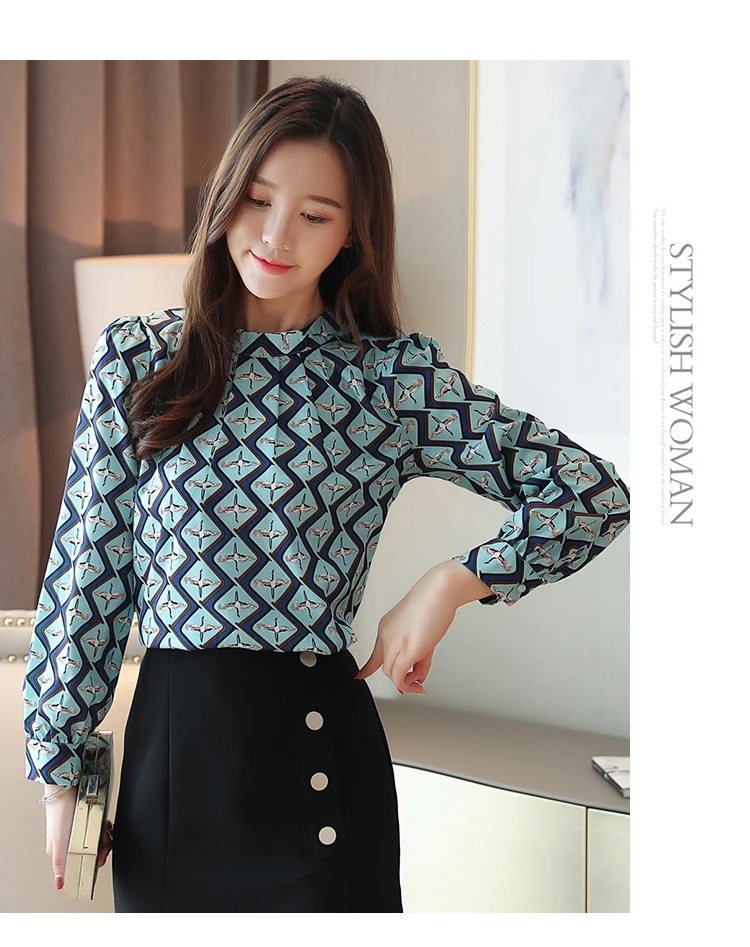 Blusas mujer de moda Женские топы и блузки с круглым вырезом, шифоновая Женская одежда с принтом, рубашки с длинным рукавом, женские топы 6053 50