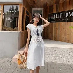 Vinatge 2019 платье с вышивкой белое хлопковое льняное свободное модное платье женское корейское короткое платье с высокой талией летнее