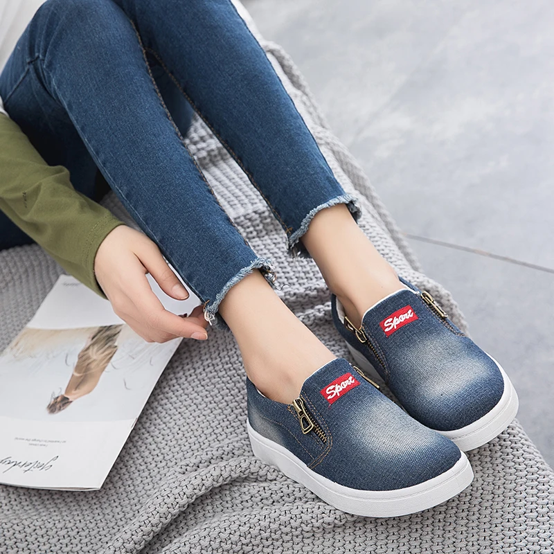 Women Canvas Shoes Slip On Flat Vulcanized Spring Casual Female Denim Fashionable Sneakers Breathable Zipper Footwears | Обувь