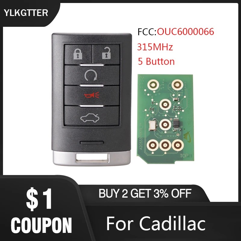 YLKGTTER 5 кнопок дистанционный смарт ключ-брелок для Cadillac 2006-2011 DTS 2007-2009 SRX 2008-2010 STS для Cadillac OUC6000066 315 МГц Ключ