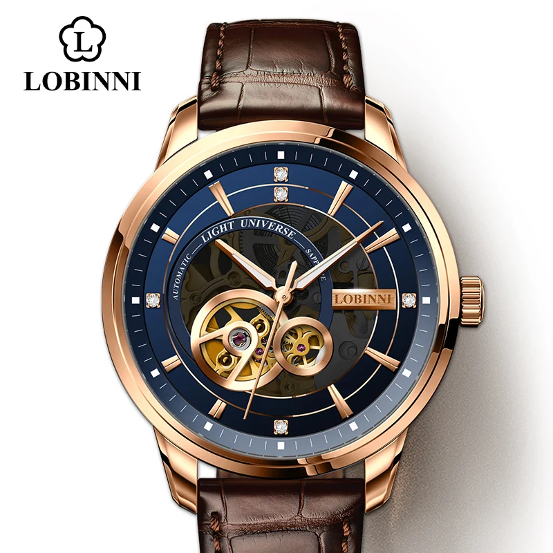 Rose-Blue LOBINNI Чайка автоматические механические часы люксовый бренд Мужские часы кожаный сапфир Водонепроницаемые 50 м мужские наручные часы - Цвет: Rose-Blue