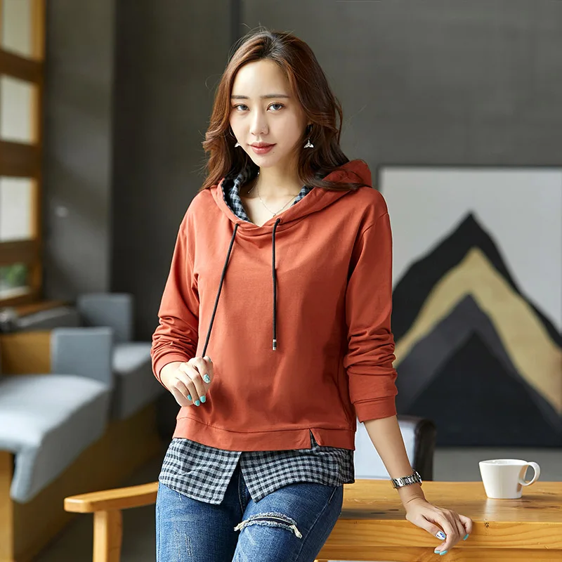 Coral red Новые модные повседневные Хлопковые женские толстовки с капюшоном с длинным рукавом в стиле пэчворк визуальный двойной слой# YX8917 - Цвет: Coral red