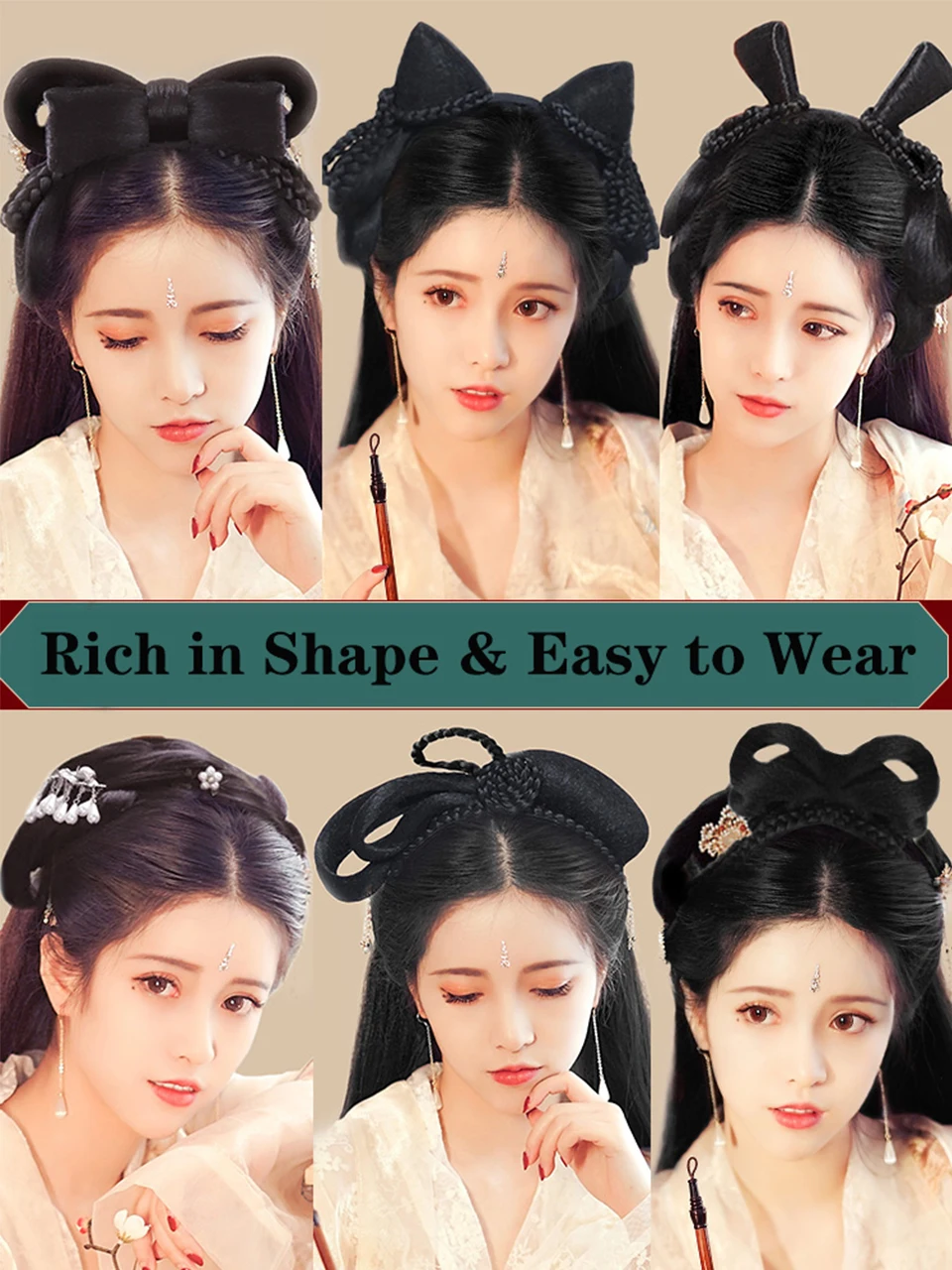 Faixa de Cabelo Buqi Chinês Tradicional Retro Cabelo Chignon Sintético Hanfu Peruca Cosplay Preto Falso Bun Antiga Fada Princesa 2 Coque sintético