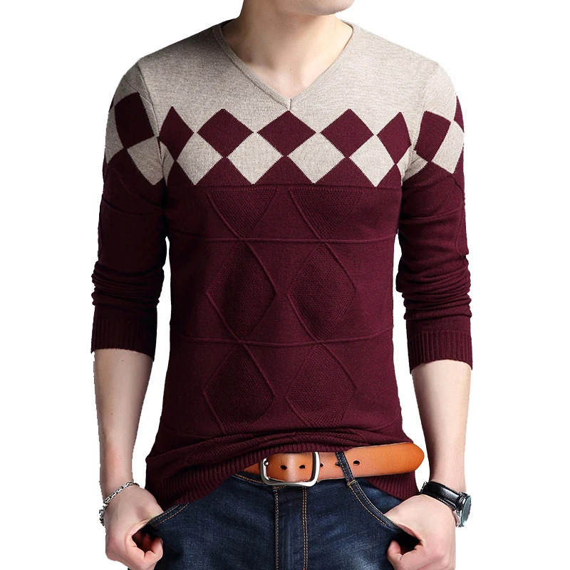 Red sweaters BROWON, осенний мужской свитер с v-образным вырезом, свитер без воротника, рождественские свитера, модные повседневные облегающие мужские свитера - Цвет: Red sweaters