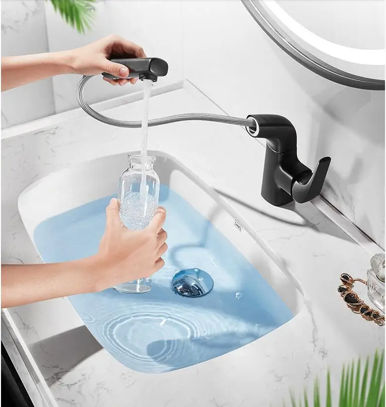 Vidric New Arrival Black Bathroom Pull Out Basin Faucet Brass rotation Faucet Sink Mixer Tap Hot and Cold Basin Lavatory Faucet