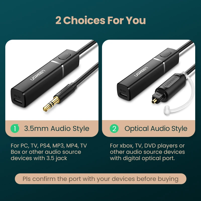 UGREEN Bluetooth Transmitter 5.0 Wireless Audio Music APTX LL Low Latency 3.5mm Aux Jack Digital Optical Headphone Adapter