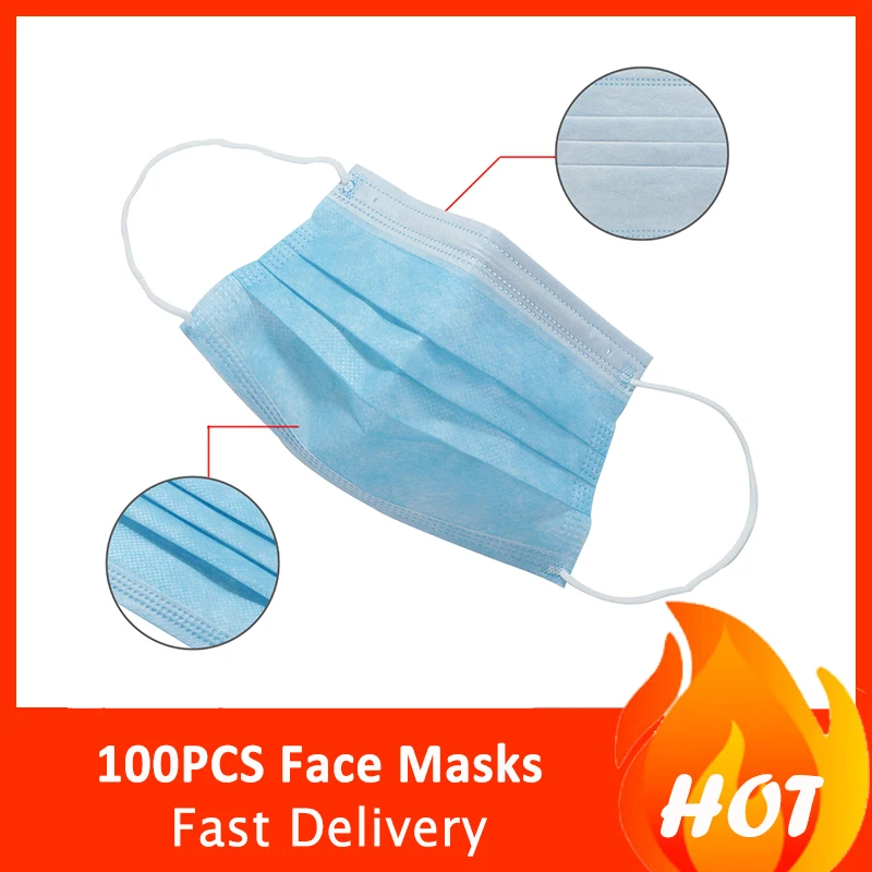 

100Pcs Face Masks Disposable Non-Woven Protective Face Mouth Masks