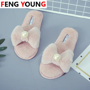 

Winter Fashion Women Home Slippers Warm Shoes Woman Slip on Flats Silk Bowtie Ladies Fur Slides Plus Size Wholesale