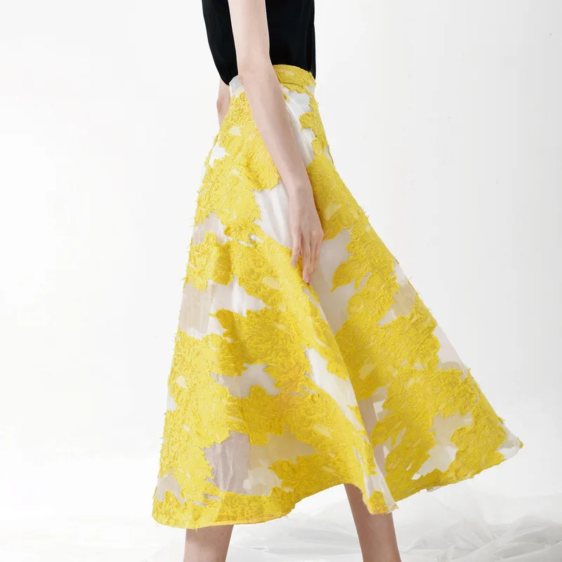 [EAM] новая весенне-летняя модная желтая Лоскутная Цветочная вышивка на молнии простая универсальная тонкая женская юбка S618
