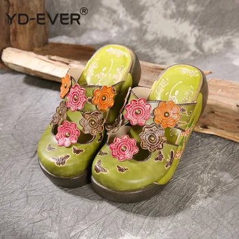 

Flower Slippers Genuine Leather Shoes Handmade Slides Flip Flop On The Platform Clogs For Women Woman Slippers