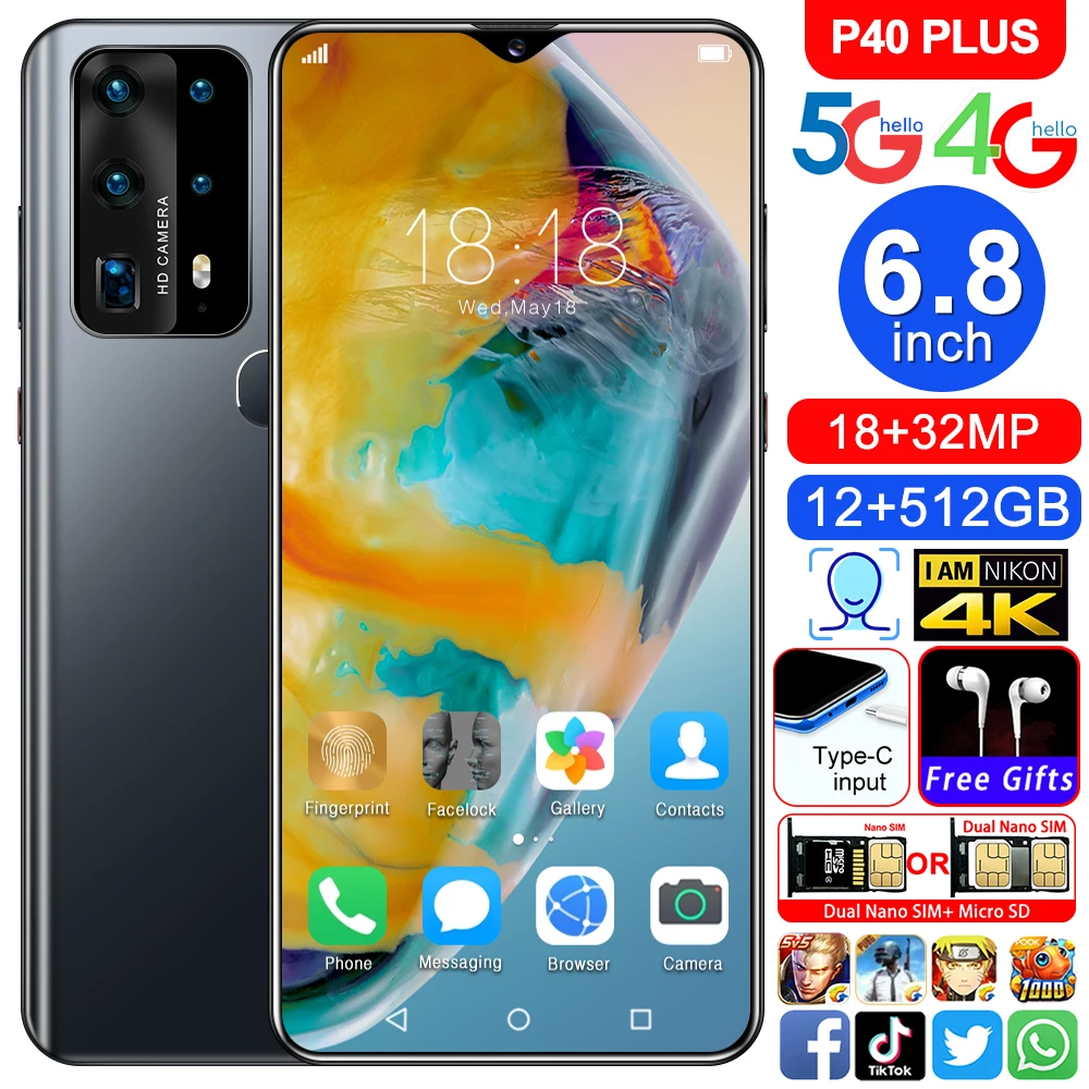 Global Version 6.8inch P40Plus Smartphone 8GB RAM 256GB ROM 4 Camera Snapdragon 855 Face ID Octa Core Mobile Phones Wholesale