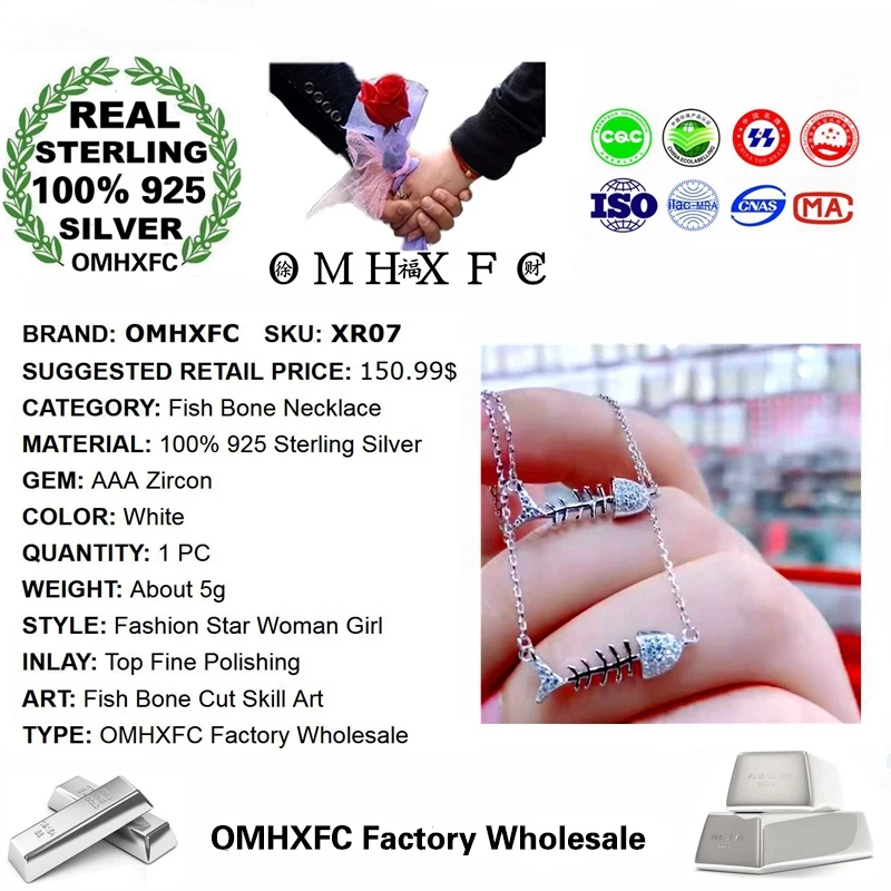 OMHXFC XR07 Модный женский подарок для вечеринки, дня рождения, свадьбы, рыбья кость, циркон, 925 пробы, серебряное ожерелье с подвеской