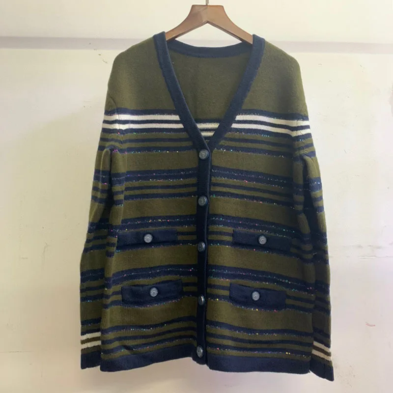 

2020 Sping autumn Fashion women's brand new high quality 83% Cashmere wool cardigans Chic V-neck stripe knitting coat B619
