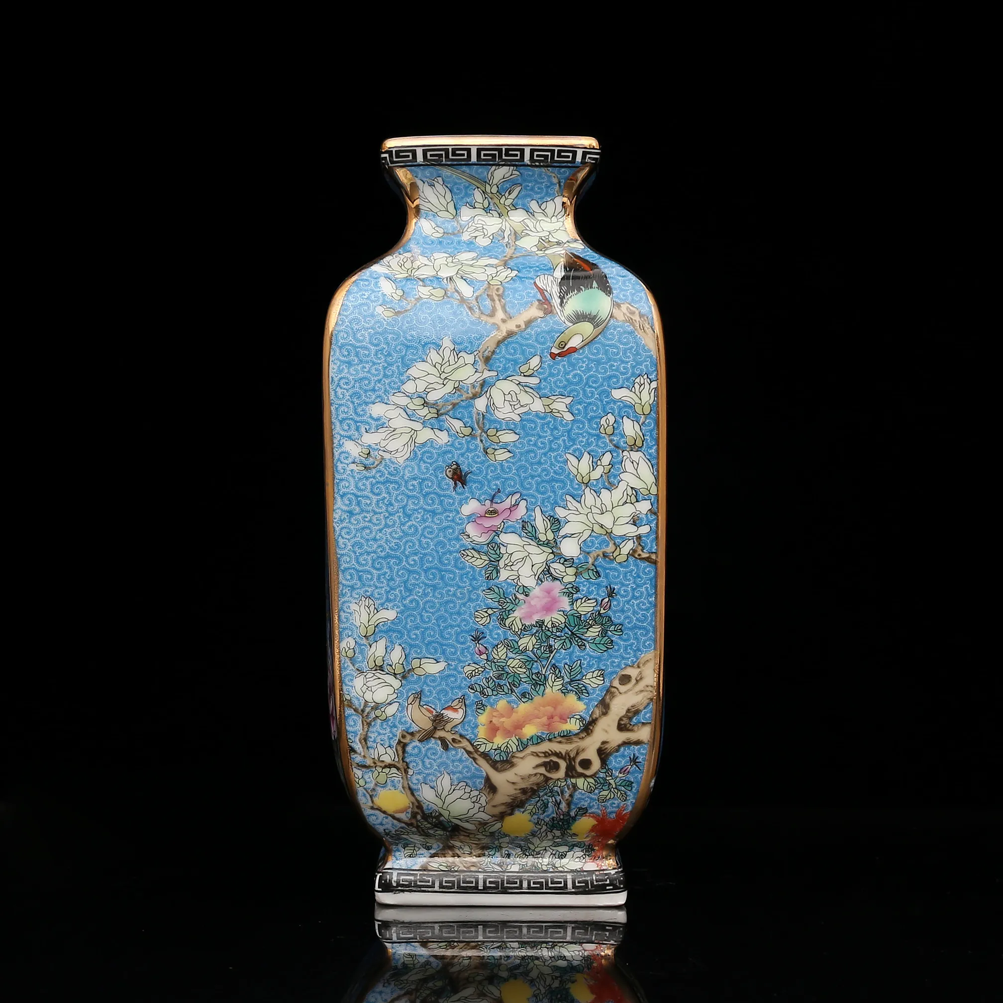 Qing Dynasty Qianlong эмалированный, разукрашенный Золотой квадрат Цветок и вазы птицы антикварная фарфоровая коллекция