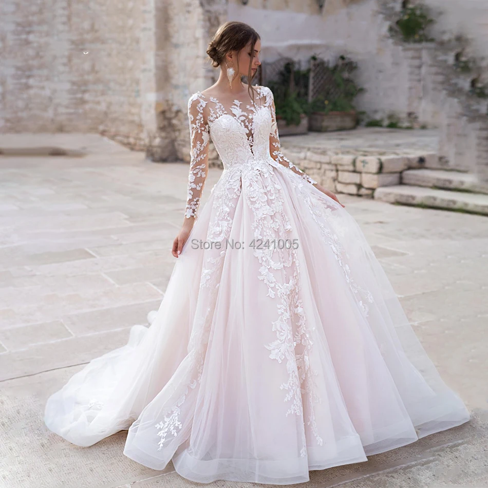 

Pink A Line Wedding Dress Plus Size Long Sleeves Appliques Bridal Gowns Bespoke Women Marriage Clothing Robe De Mariee 2024