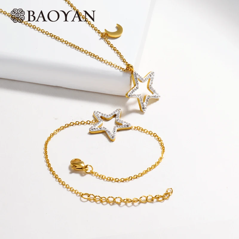 Gold Baoyan, ювелирный набор, браслет, ожерелье, кубический цирконий, ювелирный набор, розовое золото/серебро/золото, нержавеющая сталь, набор звездных украшений для женщин - Окраска металла: Gold