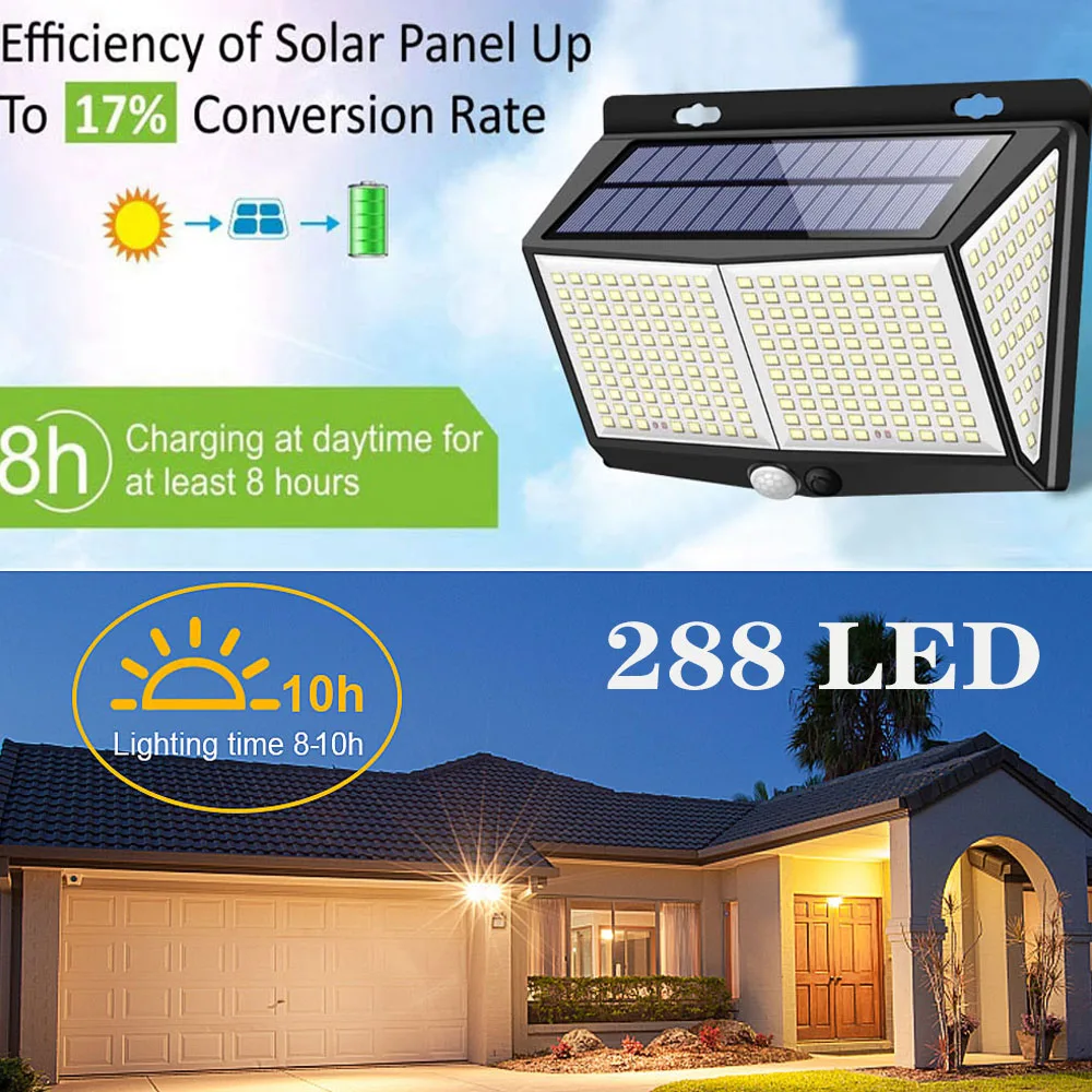 Garden Solar Light Outdoor Waterproof 288 LED Flood Light Wireless Powered Solar Motion Sensor Light Wide Angle Street Wall Lamp