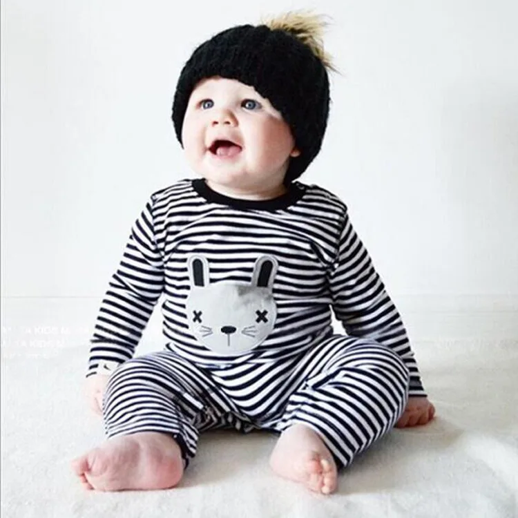 

Hot Selling Autumn And Winter Long Sleeve Stripes One Piece Men And Women Baby Cartoon Rabbit Onesie Small Foot-closed